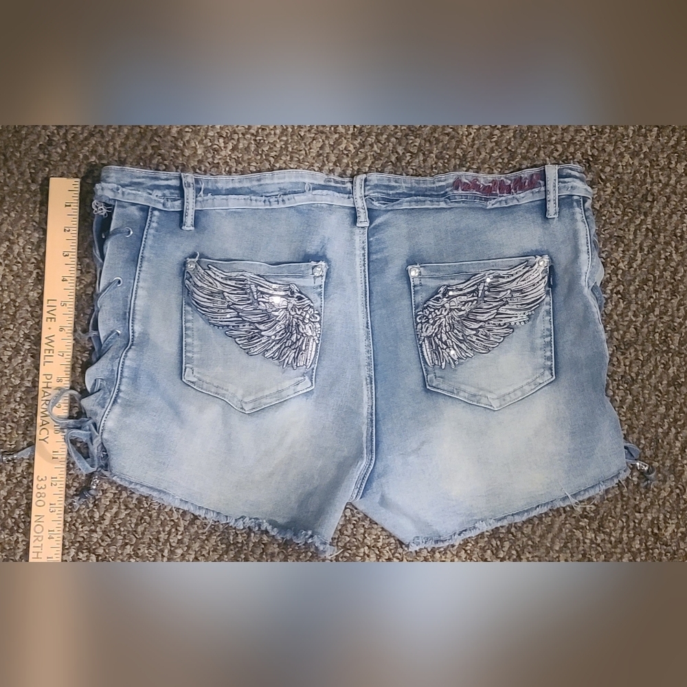Platinum Plush Light Wash Denim Shorts with Embroidered Wing Pockets - Women 3x